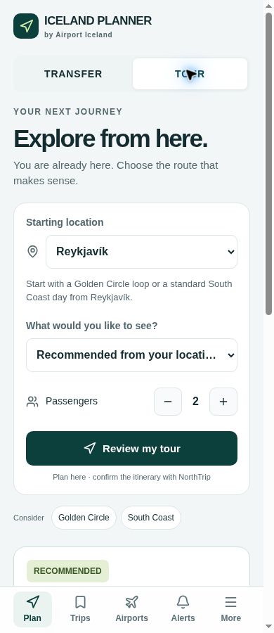 Actual Smart Tours screen: starting location, tour choice, passengers and a Golden Circle recommendation